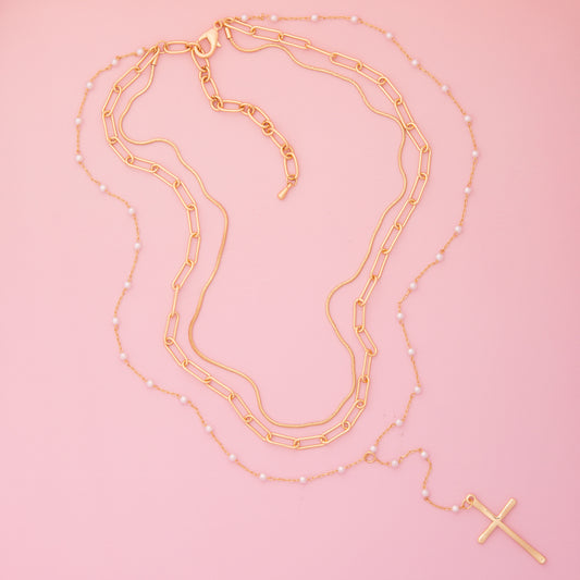 Olivia Multi-Strand Pearl Embellished Cross Pendant Chain Necklace