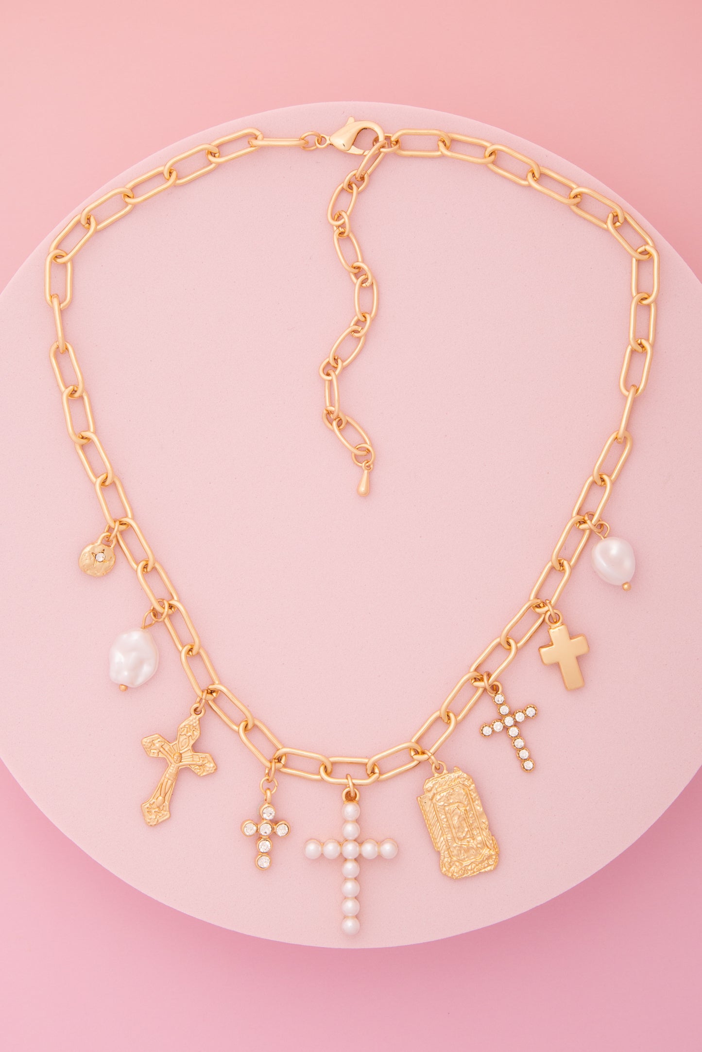Brianna Charm Theme Necklace Featuring Pearl and Crystal and Cross