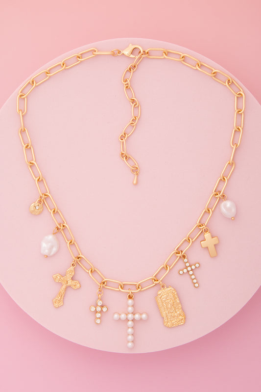 Brianna Charm Theme Necklace Featuring Pearl and Crystal and Cross