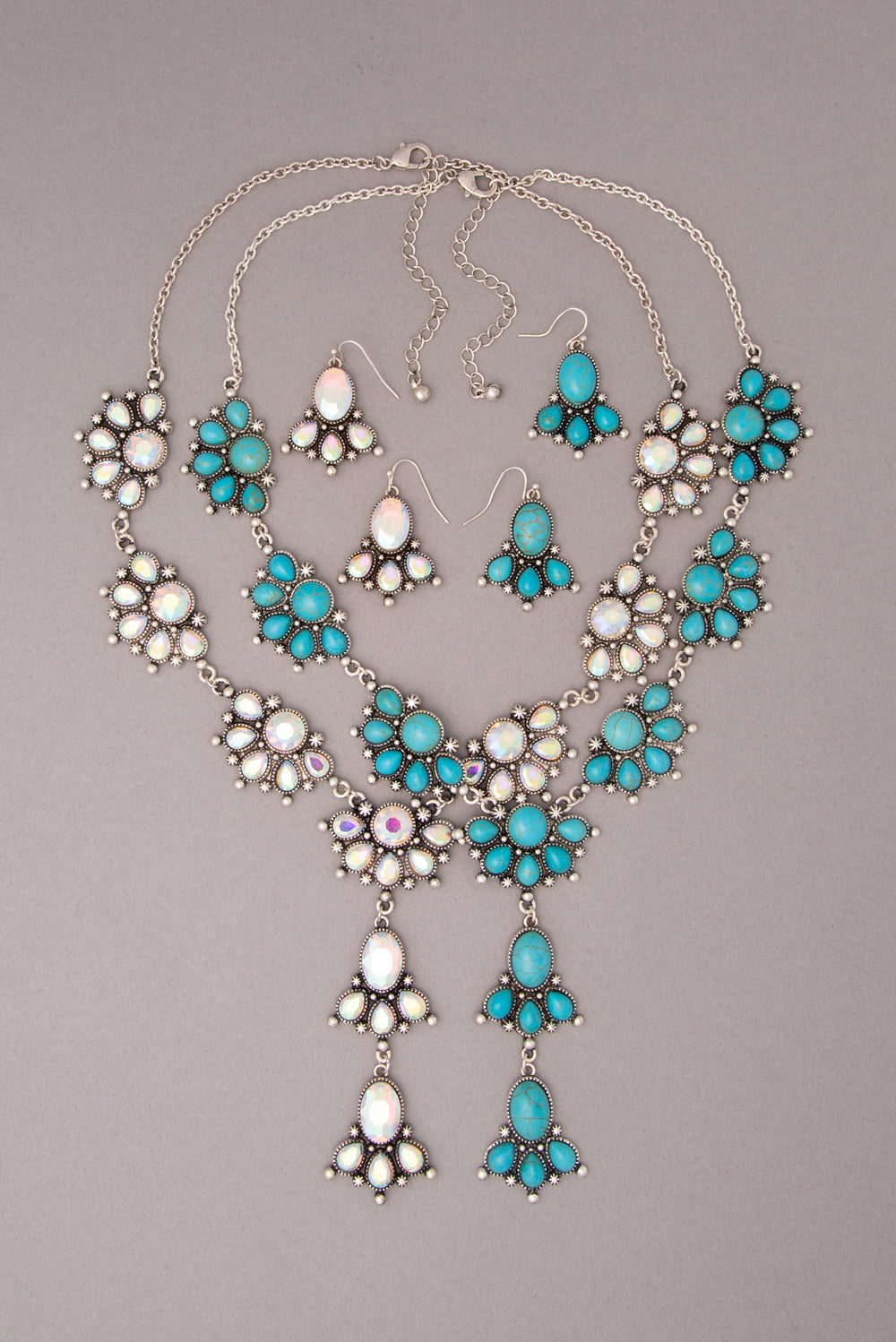 Leanna Y-Shaped Necklace Earring Set with Floral Clusters