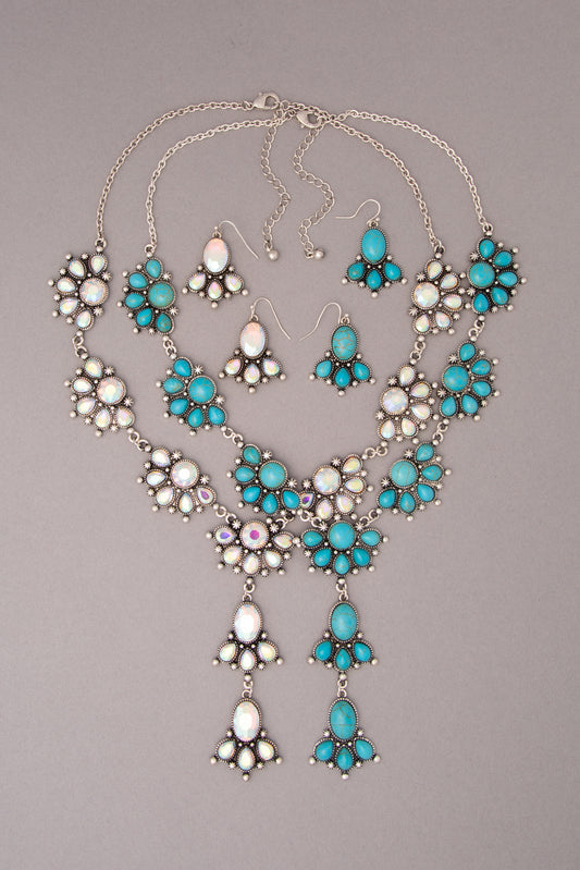 Leanna Y-Shaped Necklace Earring Set with Floral Clusters