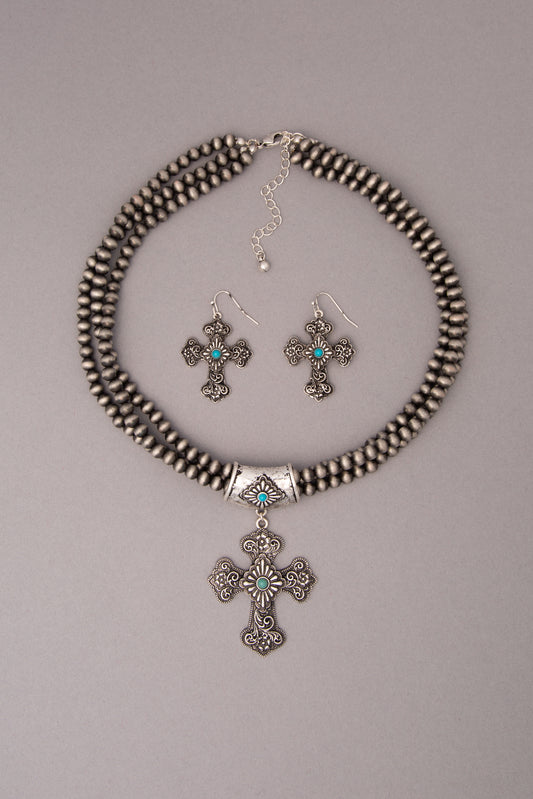 Jolie Multistrand Embellished Cross Pendant Ball Bead Necklace Set
