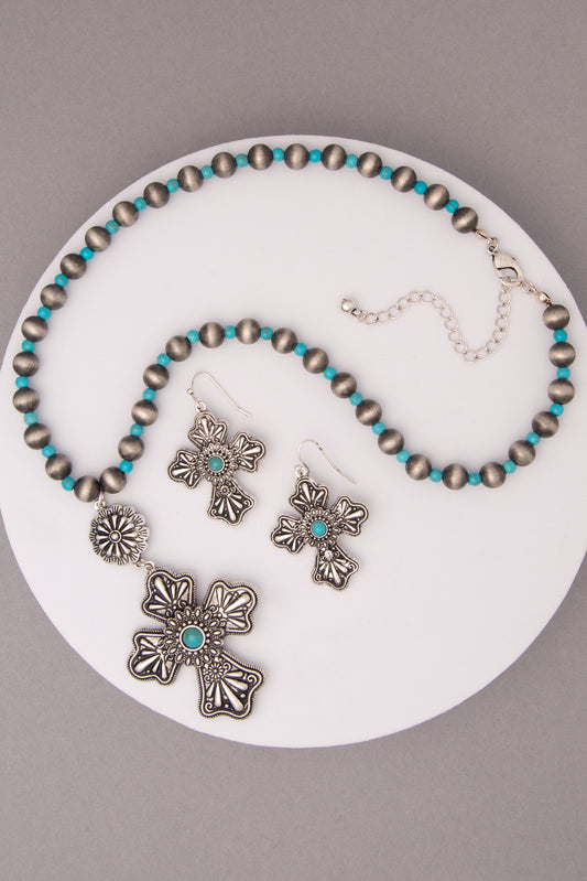 Zyla Turquoise Embossed Cross Pendant Ball Bead Necklace Set