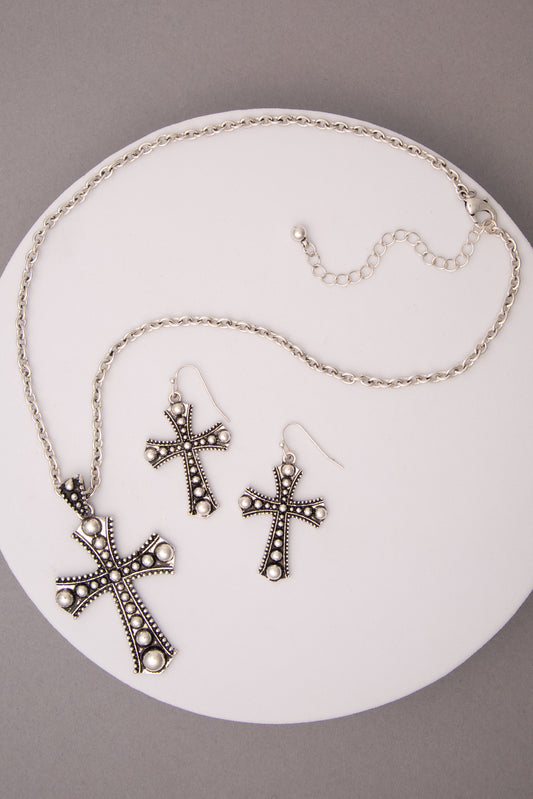 Naya Bubble Cross Pendant Chain Link Necklace Set | Silver