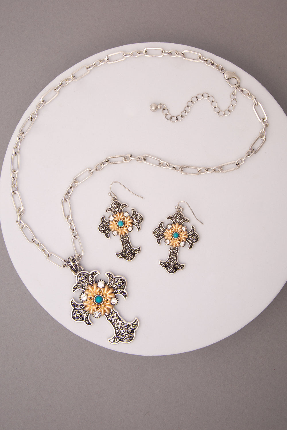 Joelle Rhinestone Turquoise Cross Pendant Chain Link Necklace Set
