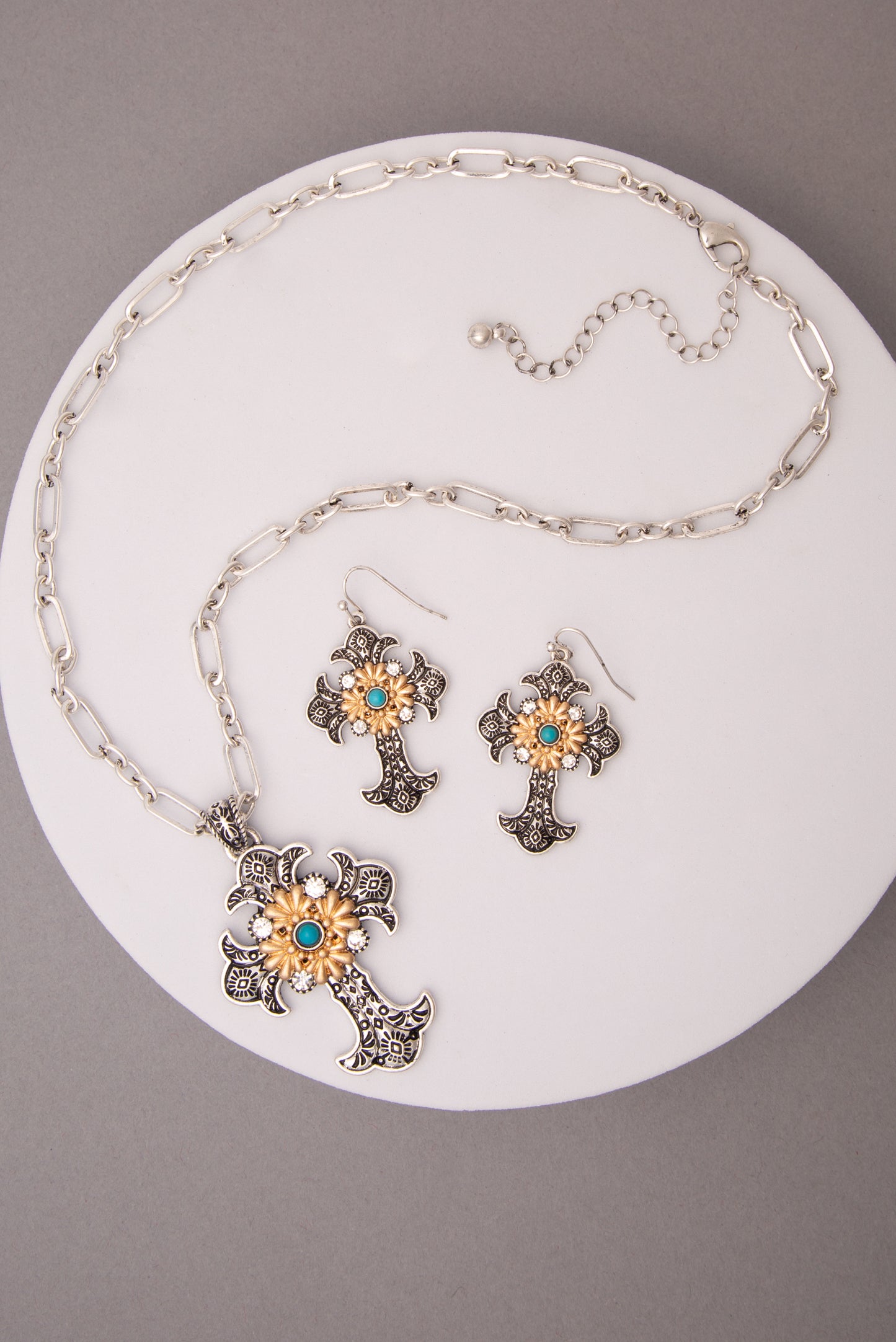 Joelle Rhinestone Turquoise Cross Pendant Chain Link Necklace Set