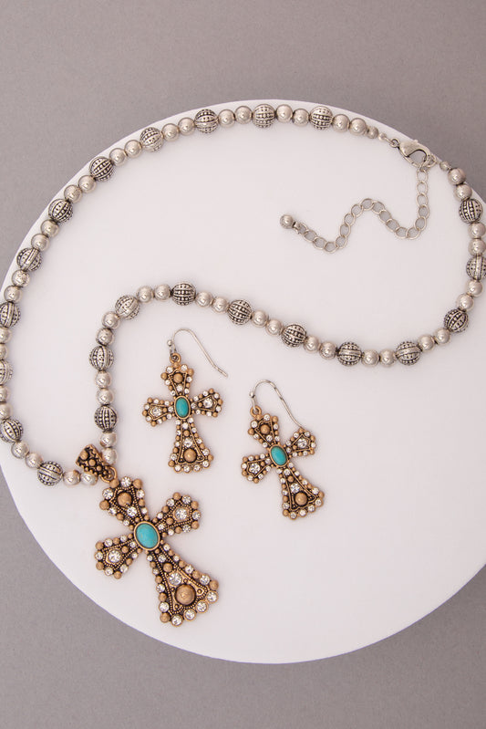 Kori Rhinestone Turquoise Cross Pendant Ball Bead Necklace Set
