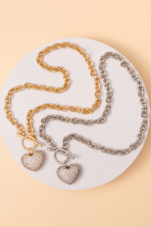 Naomi Cubic Zirconia Pavé Heart Pendant Toggle Chain Necklace