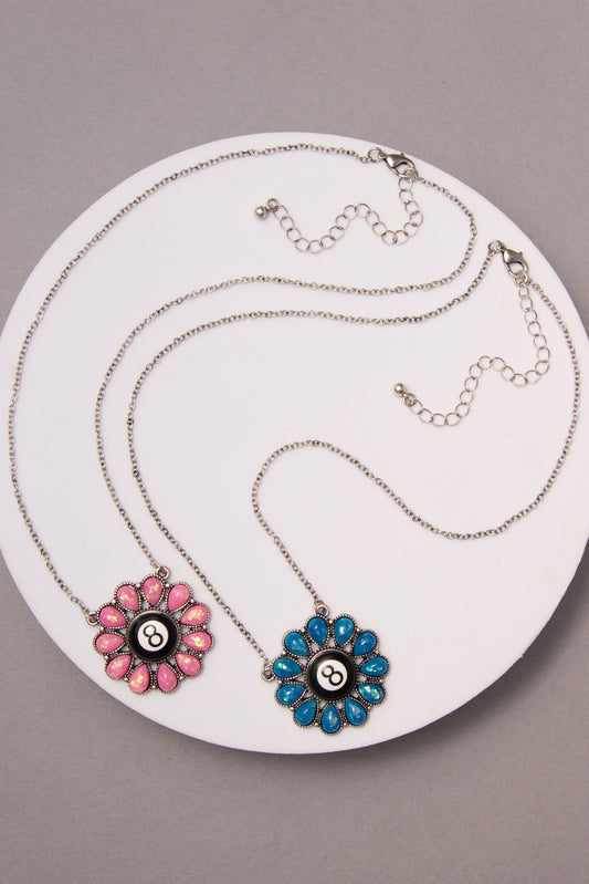 Ruby Western Eight Ball Flower Pendant Necklace