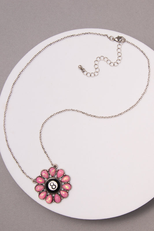 Ruby Western Eight Ball Flower Pendant Necklace | Pink