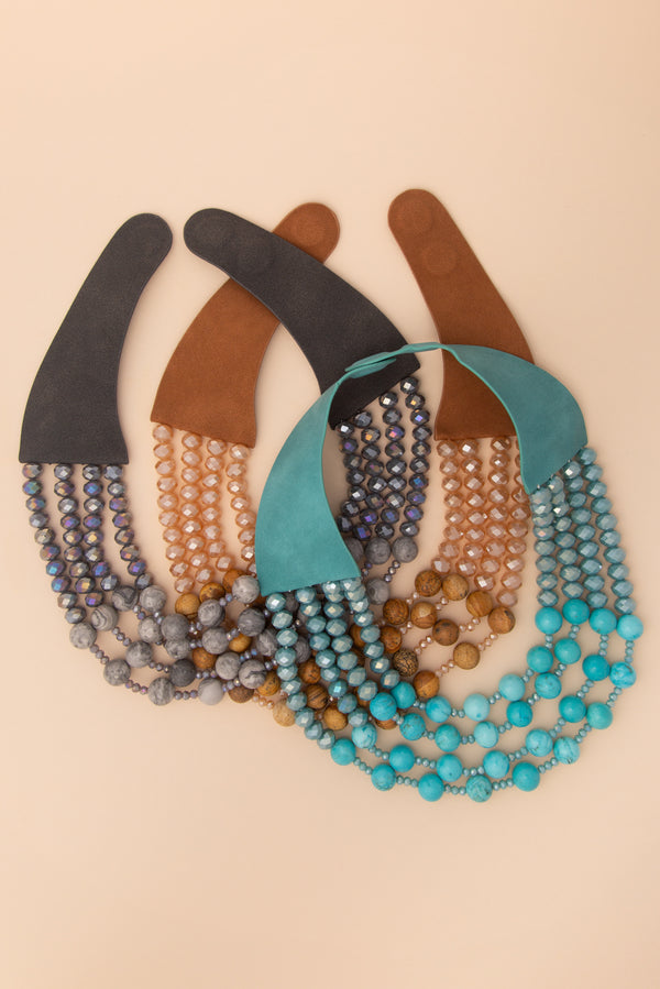 Amelia Multi-Strand Wood and Facet Beaded Necklace