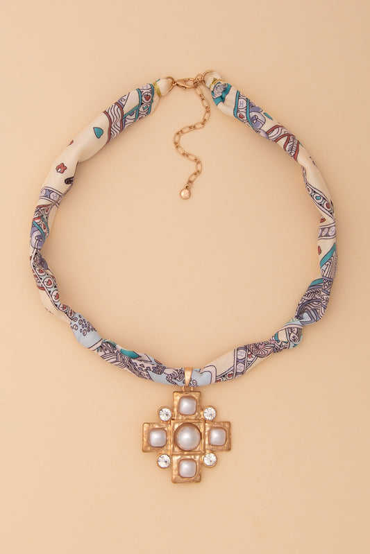Natalie Bandana Necklace with Cross Medallion and Rhinestones