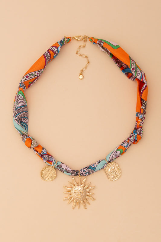 Lucia Bandana Necklace with Sun and Gold Trinkets