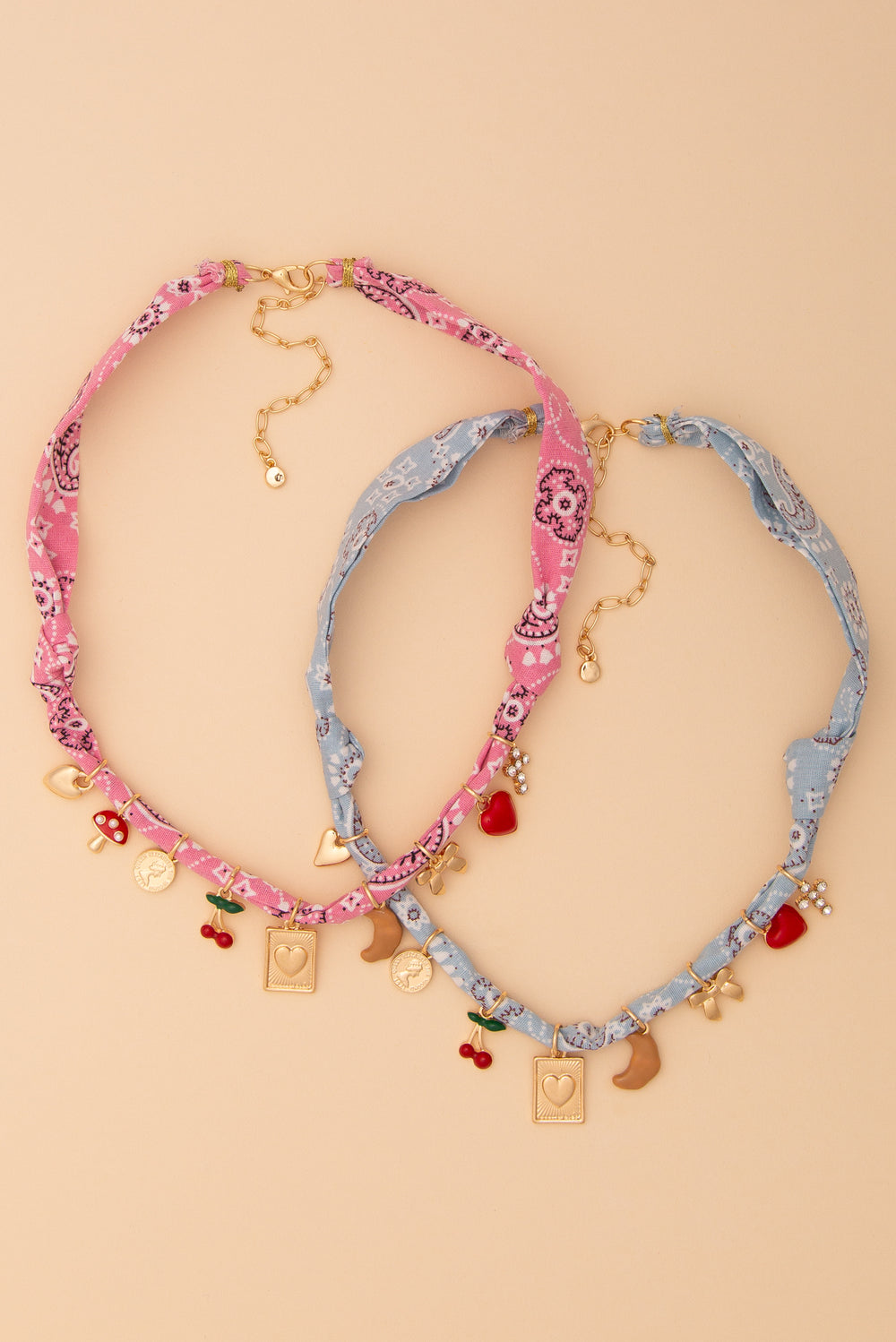 Elizabeth Bandana Necklace with Cherry and Heart Gold Trinkets