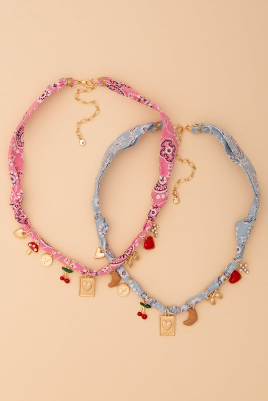 Elizabeth Bandana Necklace with Cherry and Heart Gold Trinkets
