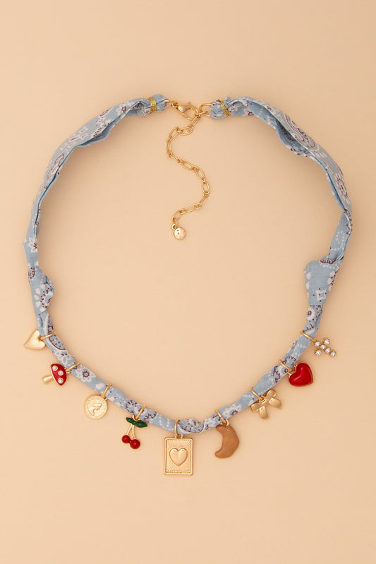 Elizabeth Bandana Necklace with Cherry and Heart Gold Trinkets | Light Blue