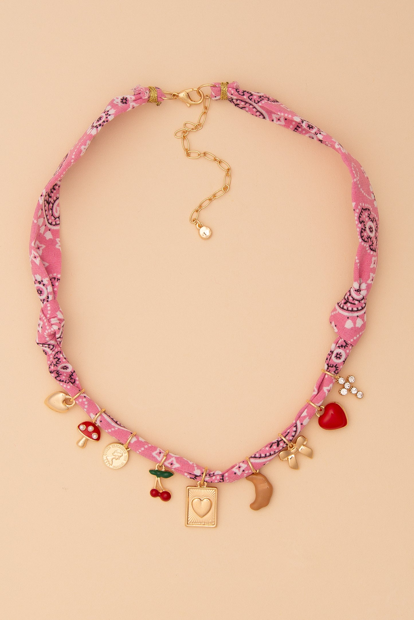 Elizabeth Bandana Necklace with Cherry and Heart Gold Trinkets