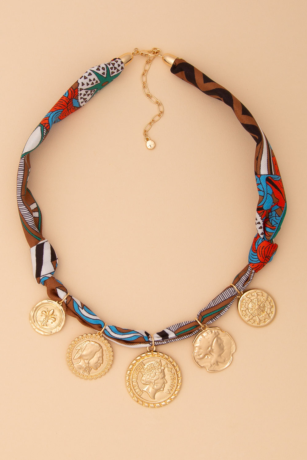 Alice Scarf Printed Necklace with Gold Coin Medallions
