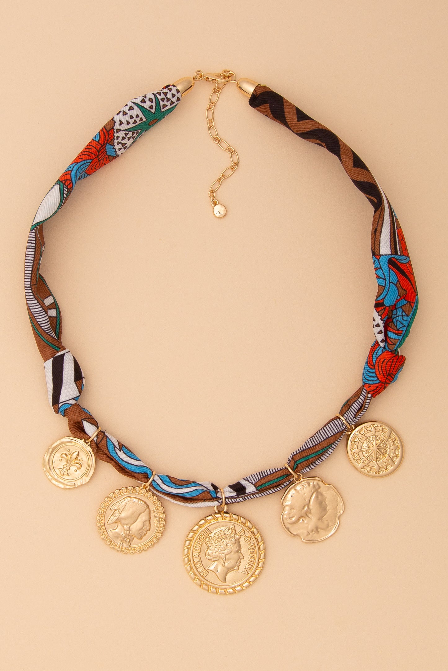 Alice Scarf Printed Necklace with Gold Coin Medallions