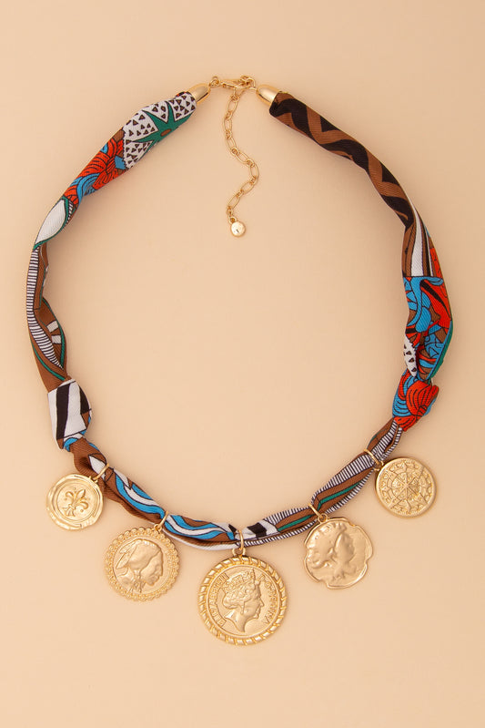 Alice Scarf Printed Necklace with Gold Coin Medallions