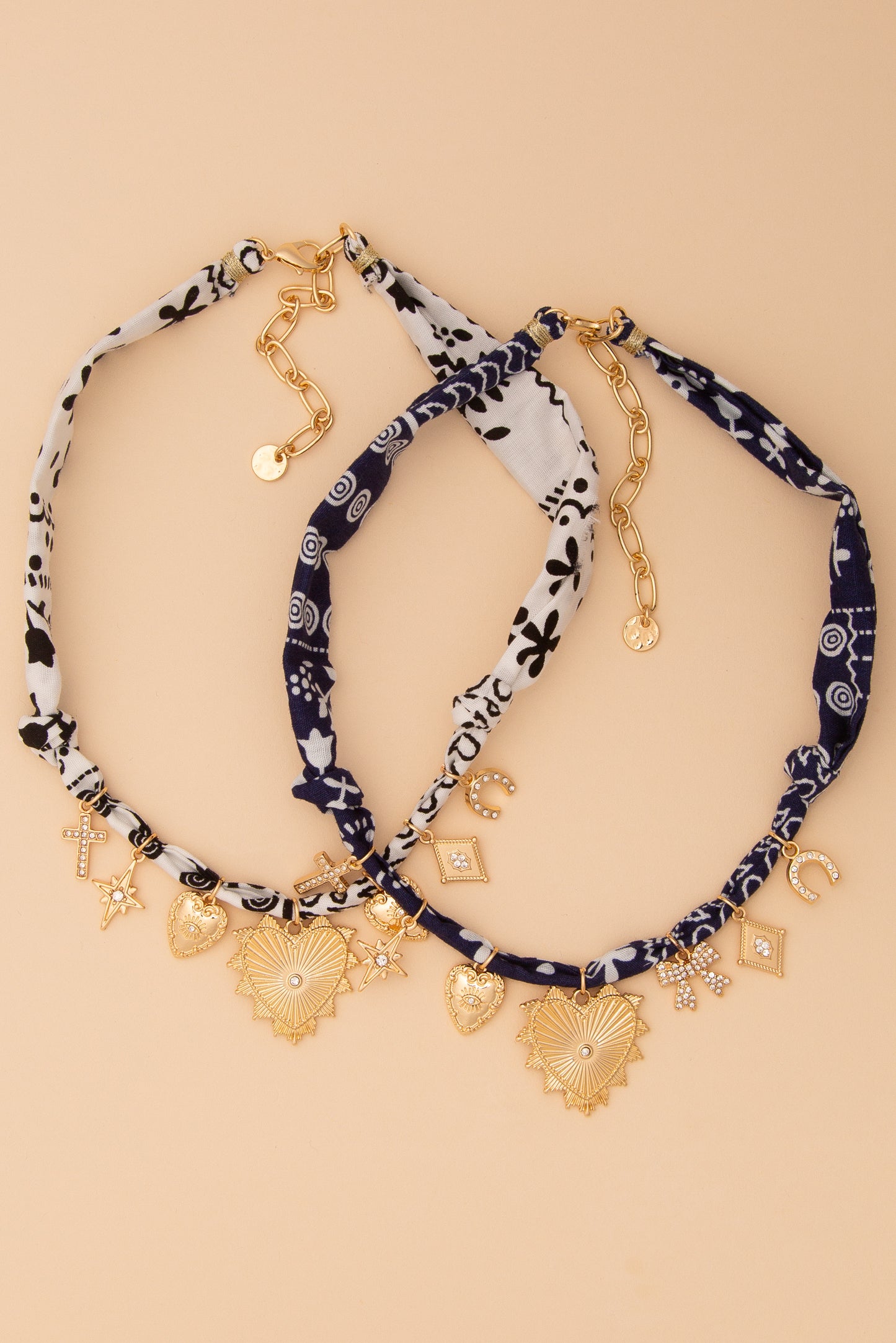 Hannah Bandana Necklace with Gold Heart and Trinkets