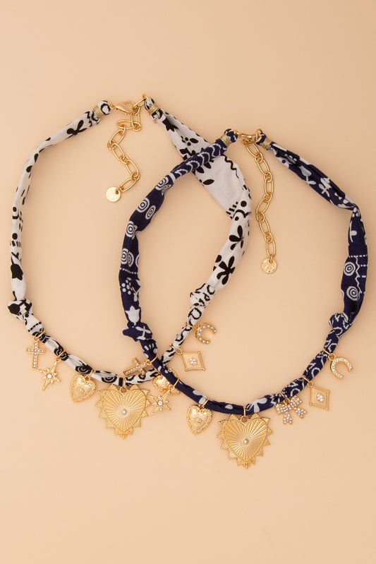 Hannah Bandana Necklace with Gold Heart and Trinkets