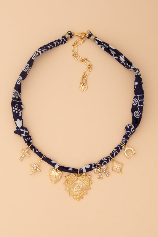 Hannah Bandana Necklace with Gold Heart and Trinkets | Navy