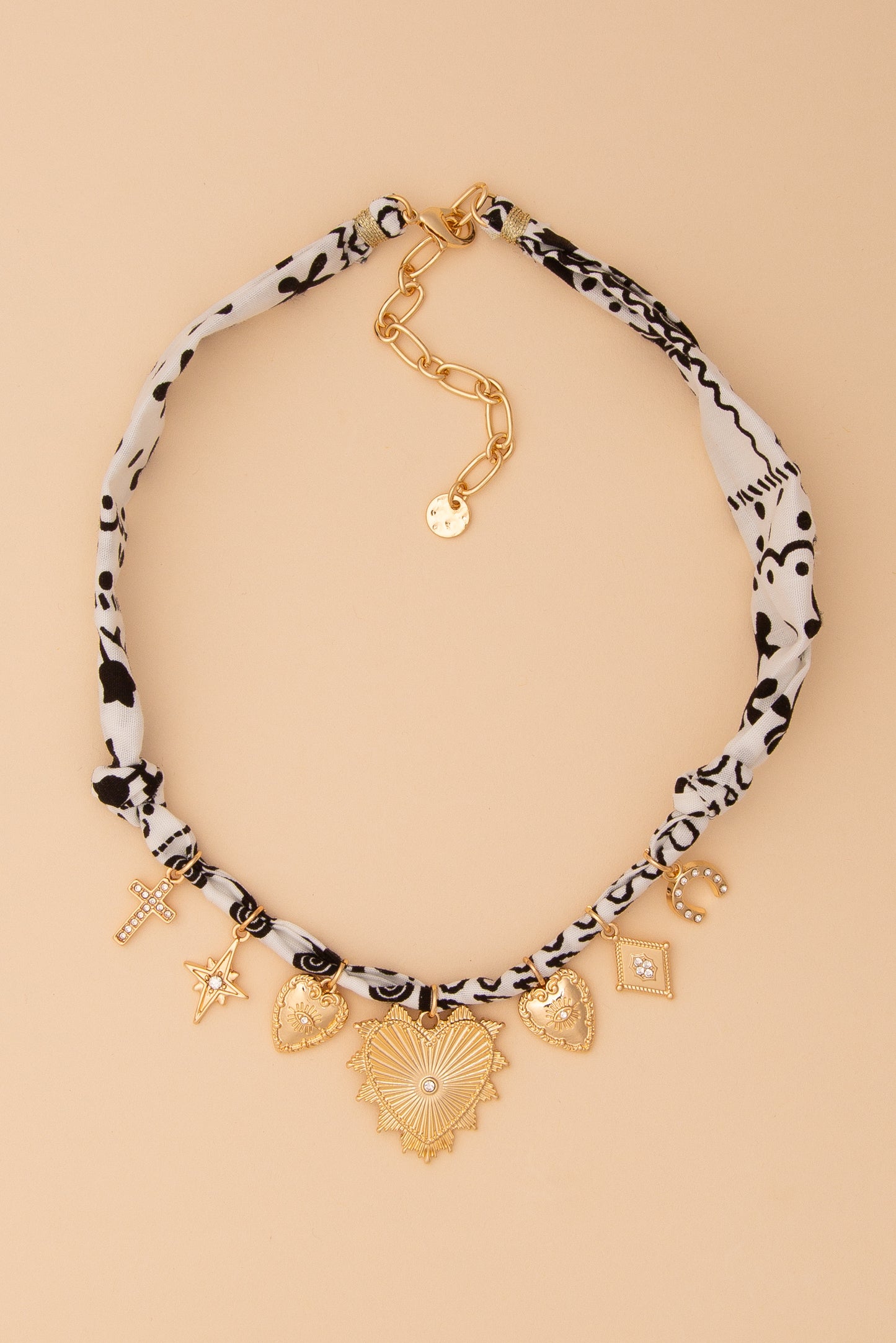 Hannah Bandana Necklace with Gold Heart and Trinkets