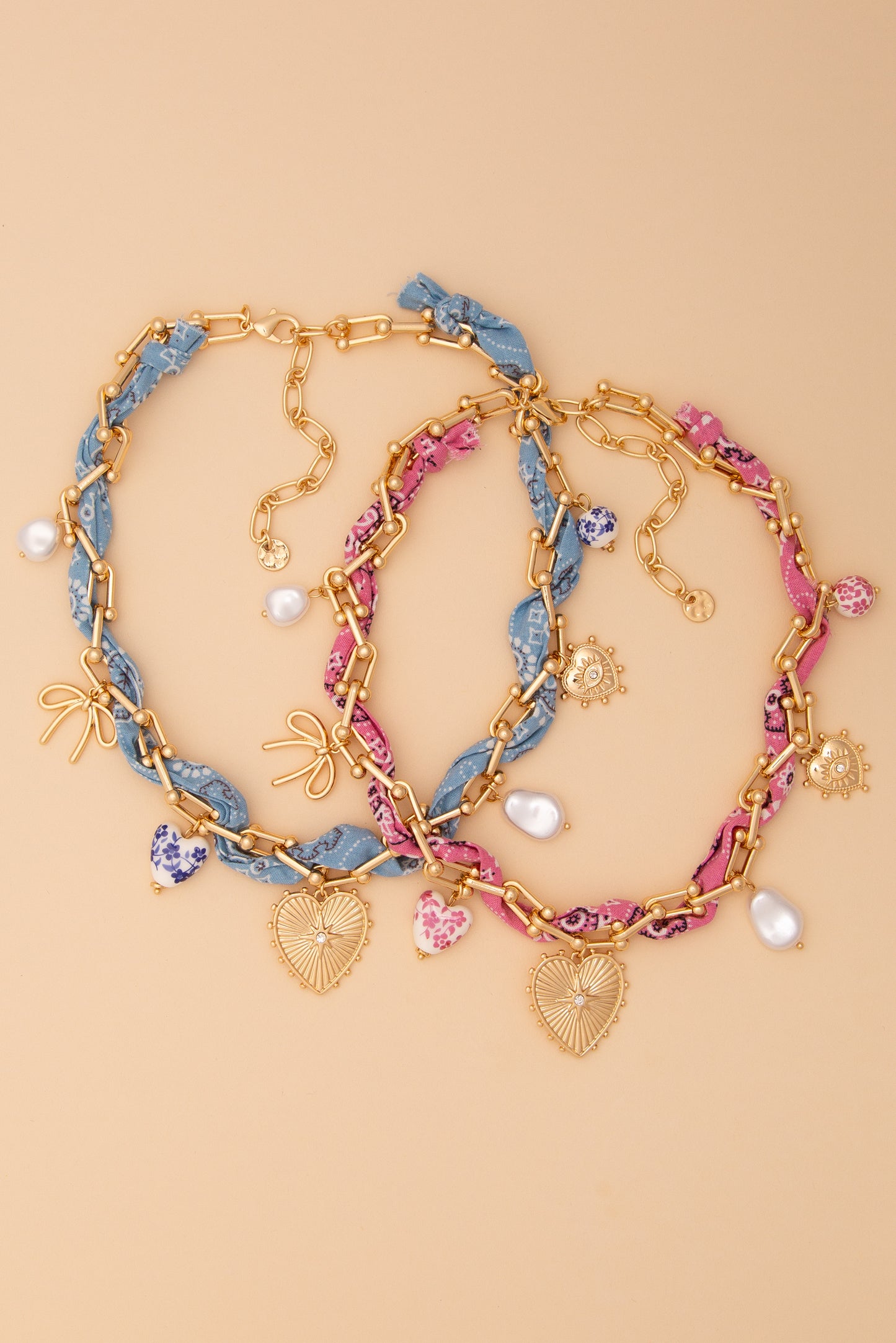 Zoey Gold Chain and Bandana Necklace with Gold Heart and Trinkets