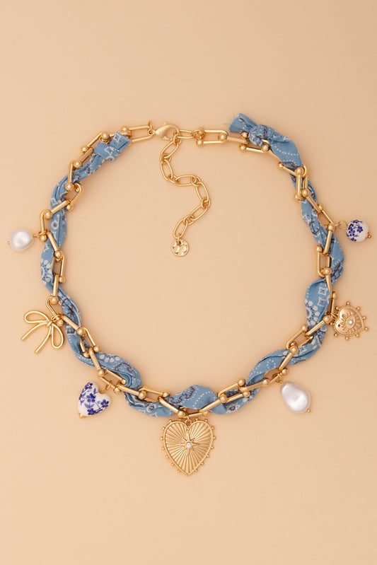 Zoey Gold Chain and Bandana Necklace with Gold Heart and Trinkets | Light Blue