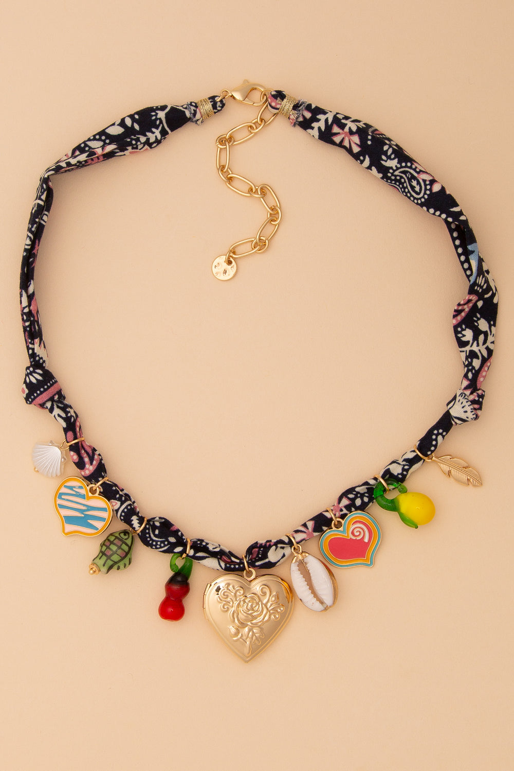 Millie Bandana Necklace with Gold Heart and Trinkets