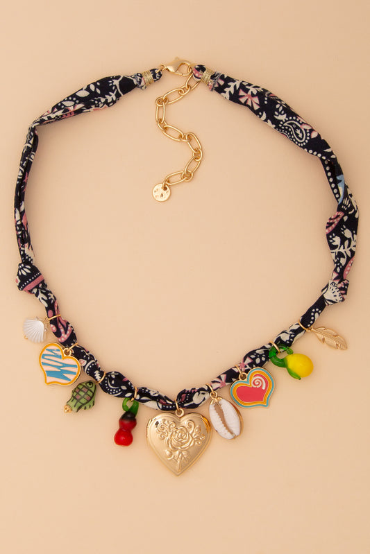 Millie Bandana Necklace with Gold Heart and Trinkets