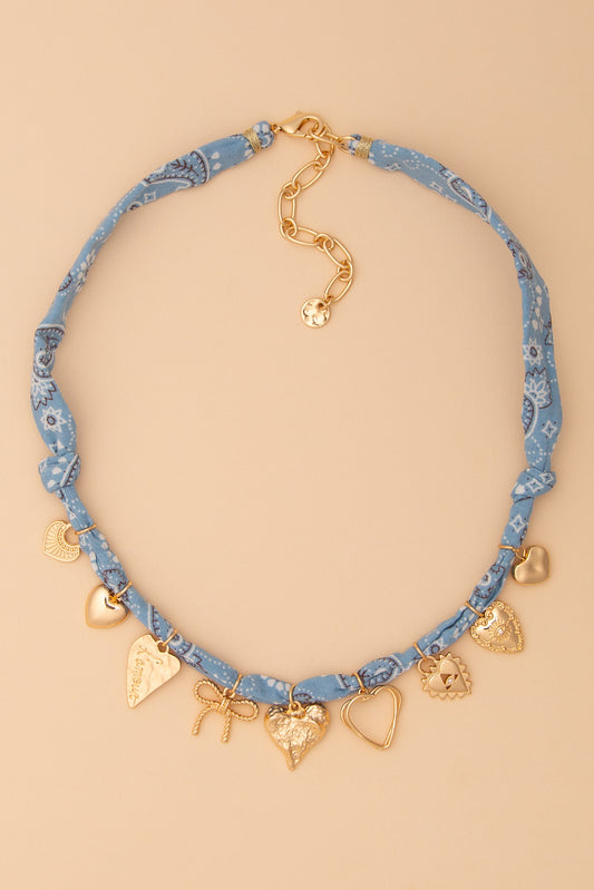 Emma Bandana Necklace with Gold Heart and Charm Trinkets