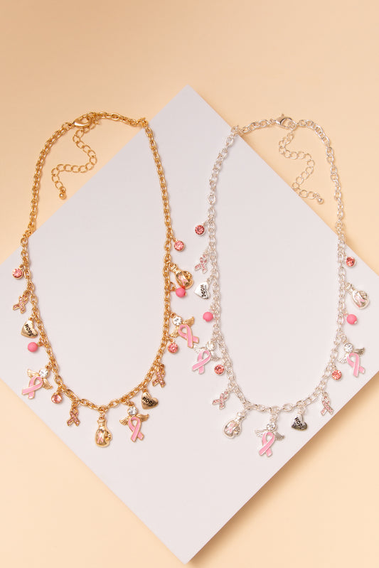 Elaine Pink Ribbon Multi Charm Necklace