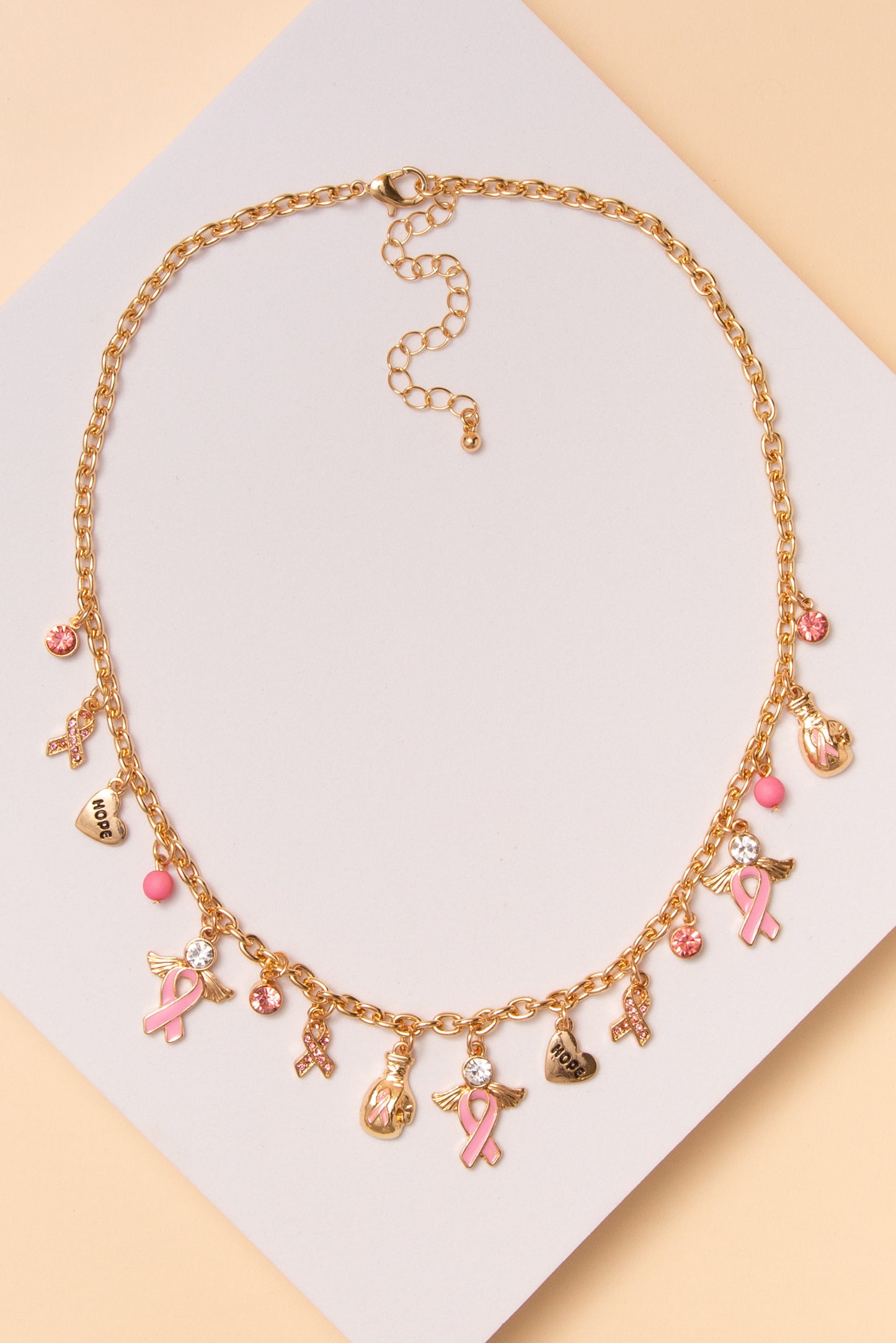 Elaine Pink Ribbon Multi Charm Necklace | Gold