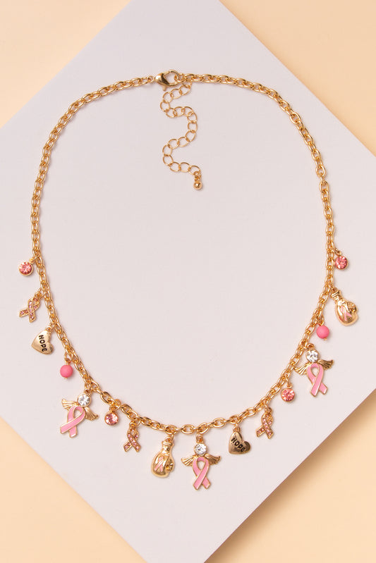 Elaine Pink Ribbon Multi Charm Necklace | Gold