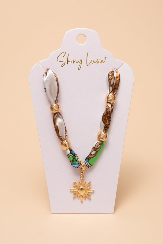 Charlotte Colorful Fabric Braided Bandana Necklace with Sun Pendant