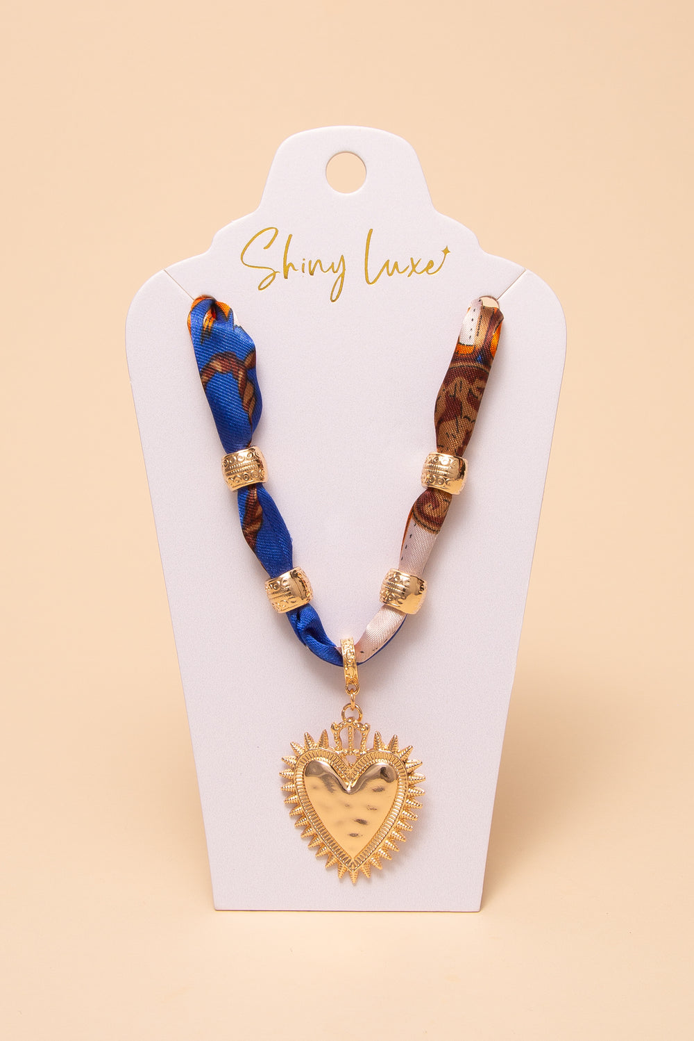 Isabella Fabric Braided Bandana Necklace with Hammered Sunburst Heart