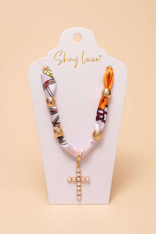 Evelyn Colorful Fabric Braided Bandana Necklace with Pearl Cross