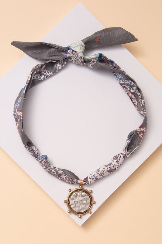 Kimberly Fabric Braided Bandana Necklace with Cross Coin Pendant