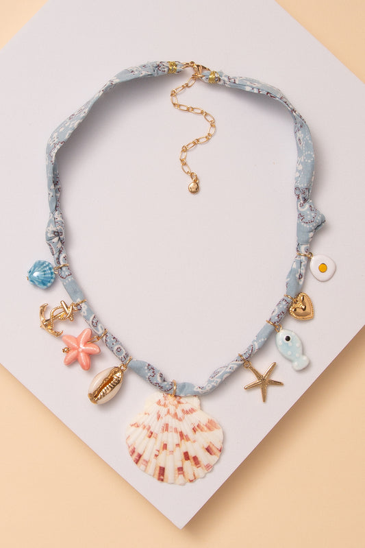 Elise Seashell Charm Scarf Necklace with Coastal Trinkets | Light Blue
