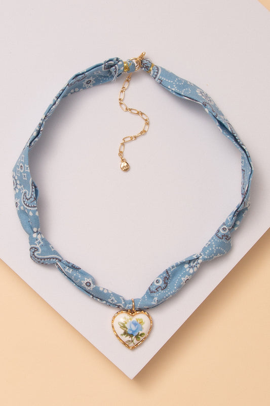 Elaina Floral Porcelain Heart Pendant Scarf Necklace with Bandana | Light Blue
