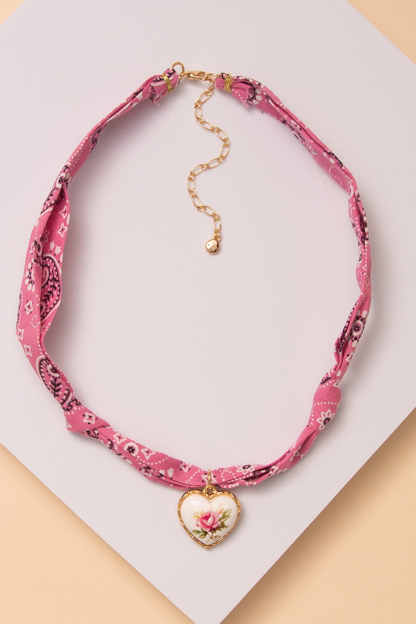 Elaina Floral Porcelain Heart Pendant Scarf Necklace with Bandana