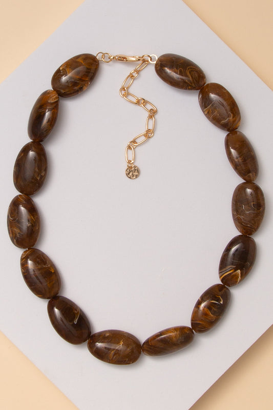 Gabrielle Marbled Oval Stone Bead Necklace | Dark Brown