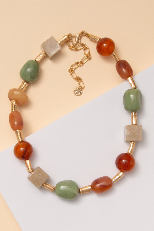Destiny Mixed Stone Tube Link Necklace with Gold Tone Details