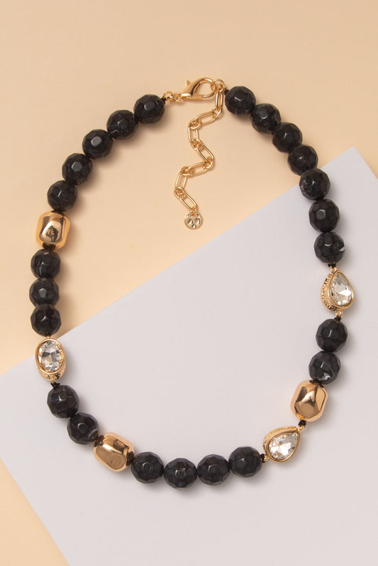 Cassandra Multi-Faceted Bead Necklace with Gold Tone | Black
