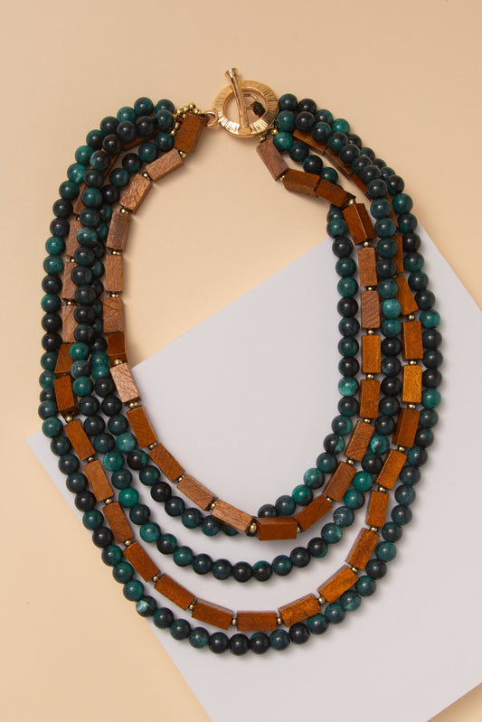 Maggie Multi-Strand Wood and Teal Marble Stone Bead Necklace
