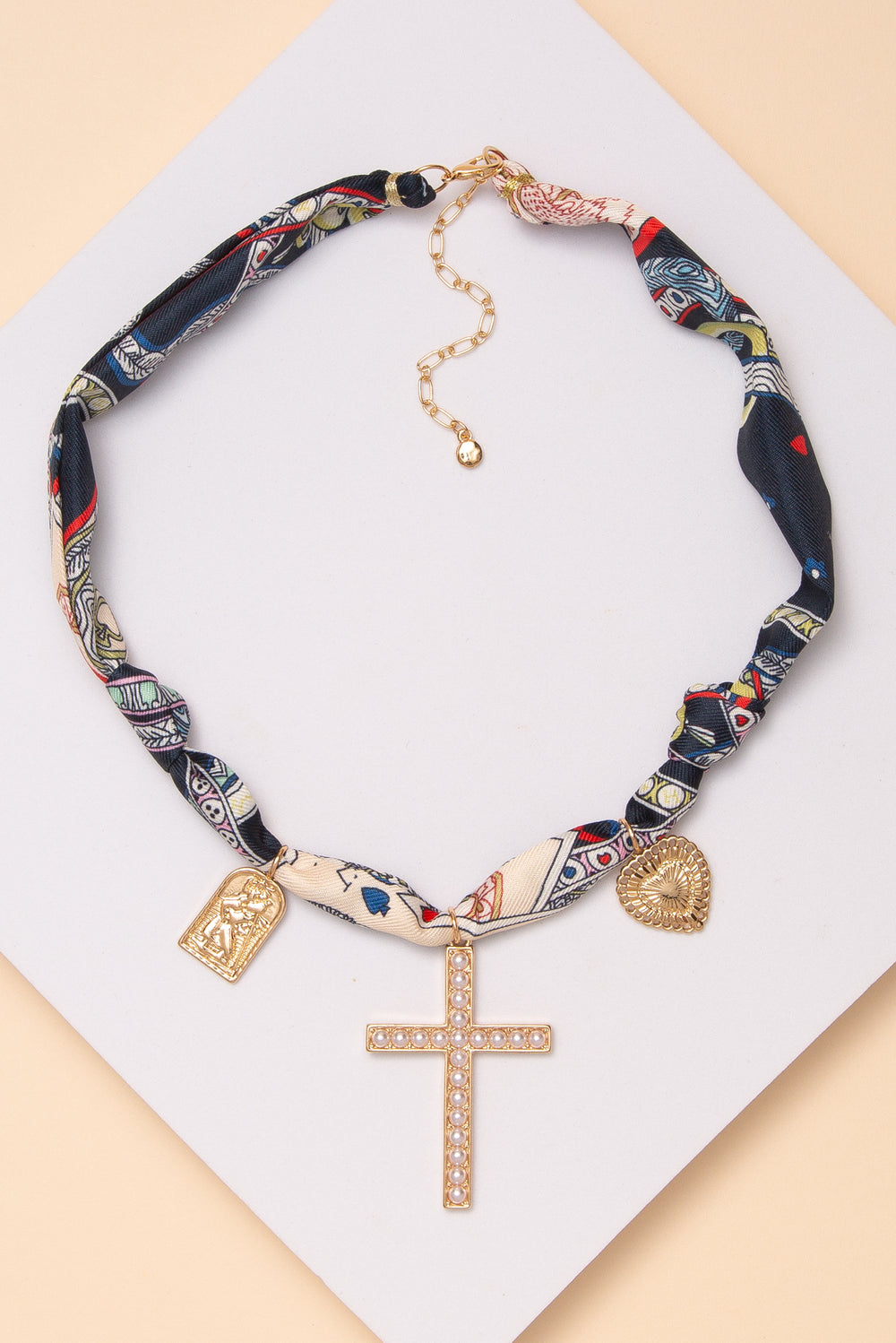 Katie Playing Card Print Scarf Necklace with Heart Saint Charm