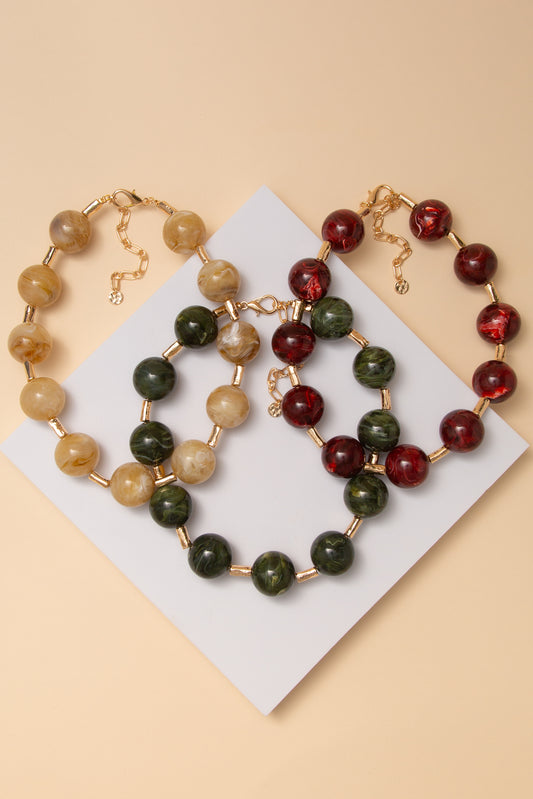 Kathryn Marble Round Resin Bead Necklace with Gold Tone