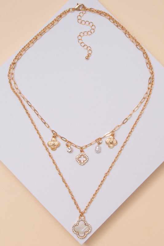Catherine Tailored 2 Strand Multi Charm Quatrefoil Necklace | Gold